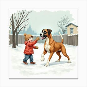 Friendly Boxer And Child Playing In A Snowy Backyard, Watercolor 1 Canvas Print