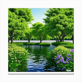 Lake With Trees And Flowers Canvas Print