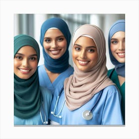 A group of four beautiful and diverse Muslim women wearing colorful hijabs and scrubs while smiling at the camera in a hospital setting Canvas Print