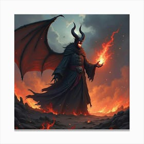 Demonic Sorcerer Casting Black Magic Over Fiery Land 1 Canvas Print