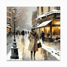 Paris cafes, winter season, Christmas, pale colors, pedestrians in the street, winter clothes, falling snow.4 Canvas Print