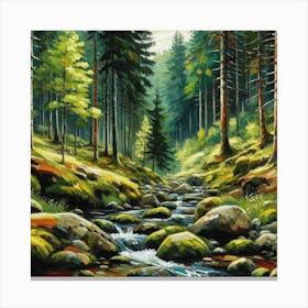 Stream In The Forest, Acrylic Painting Style 14 Canvas Print