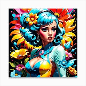 Blue Haired Girl With Flowers Canvas Print