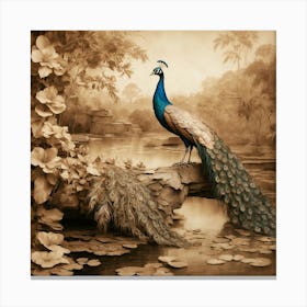 Default Peacock In A Sepia Oasis A Graceful Peacock With Subtl 0 Canvas Print