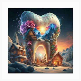 , a house in the shape of giant teeth made of crystal with neon lights and various flowers 7 Canvas Print