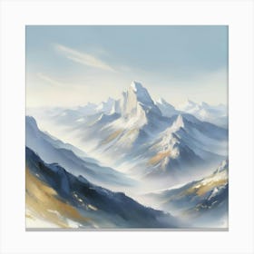 A Sweeping, Dreamy Impressionist Style Illustration Of A Majestic Mountain Range, With Gentle, Feathery Brushstrokes And Vivid, Expressive Colors, Set Against A Soft, Gradient Blue Sky With A Few Wispy Clouds, Featuring A Broad Aspect (2) Canvas Print