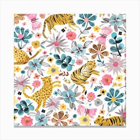 Spring Tigers Flowers Pink Blue Square Canvas Print