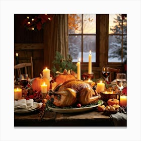 An Inviting Feast Unfolds In A Homey Abundant Setting Right At The Center A Roasted Turkey Radiati (1) 2 Canvas Print