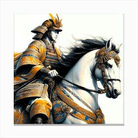 Samurai In Full Gear On His Decorated White Horse Color Deatil Drawing Canvas Print