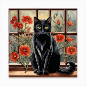Black Cat Flowers William Morris Style (7) Canvas Print