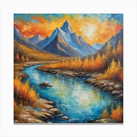 Vintage sunset  mountain and  river Canvas Print