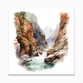 Watercolor Waterfall In The Mountains Canvas Print