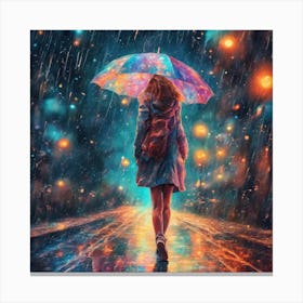 Girl Walking In The Rain At Night Canvas Print