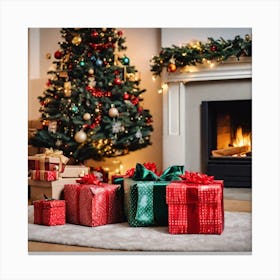 Christmas Presents In Front Of Fireplace Canvas Print