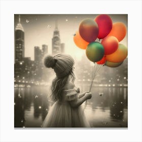 Little Girl Holding Balloons, City Skyline, Dreamy, Selective Color Canvas Print