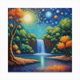 Waterfall At Night: Starry Night, Vibrant Landscape Art with Waterfall and Reflective Pond Canvas Print