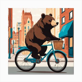 a bear riding a bike in the city  Canvas Print