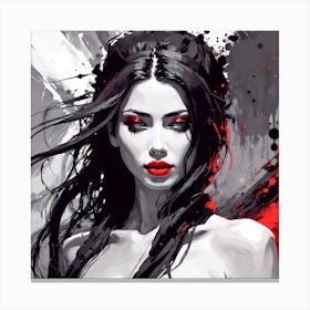 Selective Color Painting Of A Beautiful Woman Black, White and Red Canvas Print