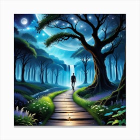 Man Walking In The Forest At Night Canvas Print