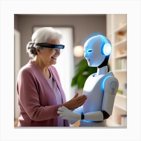 Elderly Woman With A Robot Canvas Print