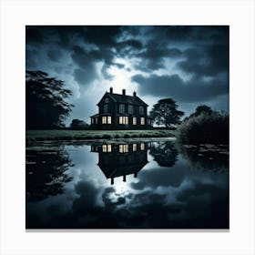 Old House Reflected In A Tranquil Pond Cumulus Clouds Undulating Above Set Against A Stark Black B Canvas Print