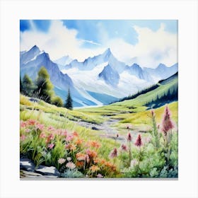 Watercolor Country Landscape Swiss Alps High Mountains Canvas Print