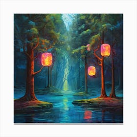 a painting of a forest with lanterns hanging from trees, an oil painting by Jeremiah Ketner, shutterstock contest winner, fantasy art, enchanting, flickering light, glowing lights 1 Canvas Print