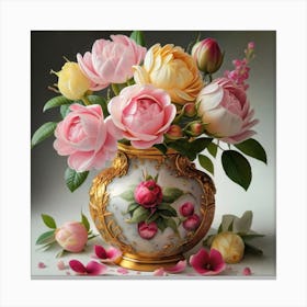 Antique fuchsia jar filled with purple roses, willow and camellia flowers 5 Canvas Print