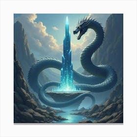 Giant Serpent Coiled Around A Floating Crystal Tower Canvas Print