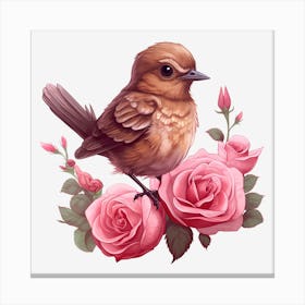 Bird On Roses 1 Canvas Print