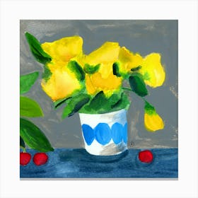 Yellow Flowers And Cherries - still life yellow red blue square Canvas Print