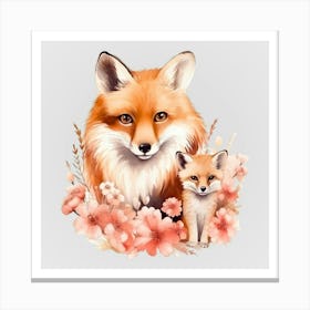 Watercolor Spring Mama And Baby Foxes Canvas Print