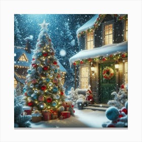 Christmas House At Night Canvas Print