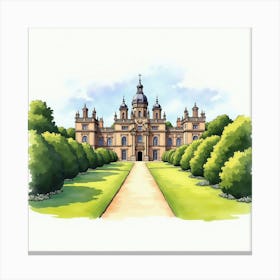 Watercolor View Of The Castle Howard In Yorkshire, Featuring Its Majestic Design And Beautiful Grounds Canvas Print