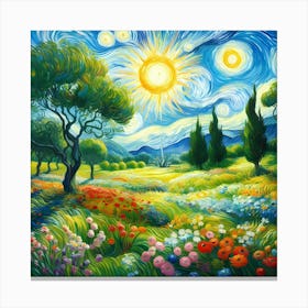 A Sunny Day in A Meadow With Wildflowers, Mountain, and Hills Canvas Print