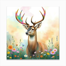 A Deer With Antlers Blooming Into Rainbow Flowers, In A Dreamy Watercolor Meadow Canvas Print