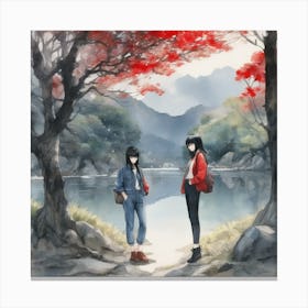 Two Girls Standing By A River Canvas Print