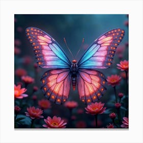 An Abstract Butterfly With Fractal Patterns In A Garden Of Neon Flowers Canvas Print