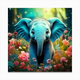 Firefly Adorable Turquoise Baby Elephant In A Magical Flowered Forest 60104 (2) Canvas Print