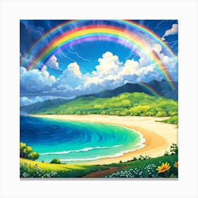 Rainbow Over The Beach, A Rainbow Emerging After A Storm Symbolizing Hope And New Beginnings Canvas Print