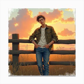 Justin Bieber Leaning Against A Rustic Fence, Watercolor Sunset Behind Him Canvas Print