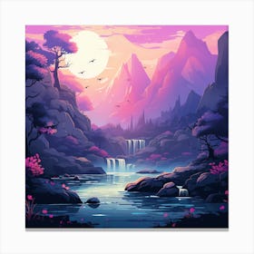 Beautiful Nature Scene With Waterfalls In Pink & Purple Canvas Print