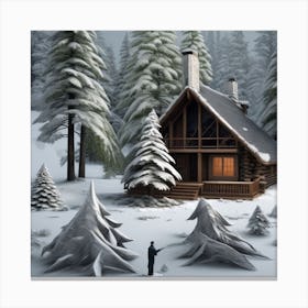 Small wooden hut inside a dense forest of pine trees with falling snow 10 Canvas Print