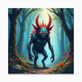 Monster In A Watercolor Mystical Forest, Vibrant And Eerie 1 Canvas Print