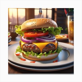 Burger On Plate On Table Ultra Hd Realistic Vivid Colors Highly Detailed Uhd Drawing Pen And I (15) Canvas Print