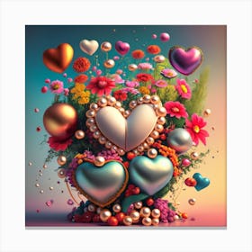 beautiful flowers, pearls, surreal magnificent, lots of shiny splash on top many heart globes, falling pearls . Canvas Print