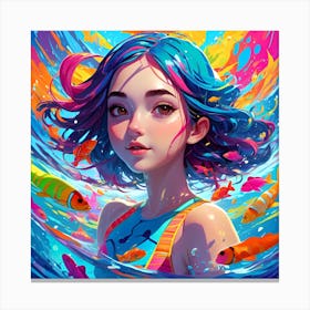 Girl Loves To Swim With Fishes Canvas Print