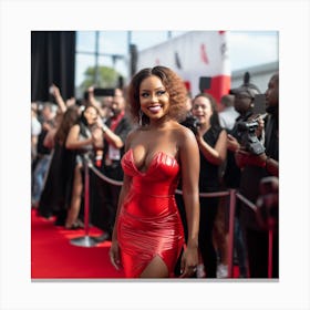 A Black Woman Voluptuous Sexy Wearing Red Latex Dress Long Hair Big Smile on the Red Carpet - Created by Midjourney Canvas Print