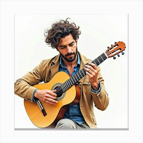 Watercolor Portrait Of An Italian Musician Playing A Classical Guitar Canvas Print