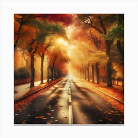 A Picture Of A Street With Trees In Fall Colors And Leaves On The Ground 1 Canvas Print